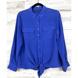 Saks Fifth Avenue Black Womens L Blue 100% Silk Tie-Front Button-Up Blouse